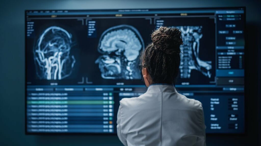 Medical Hospital Research Lab: Black Female Neuroscientist Looking at TV Screen, Analyzing Brain Scan MRI Images, Finding Treatment for Patient. Health Care Neurologist Curing People. Back View Zoom